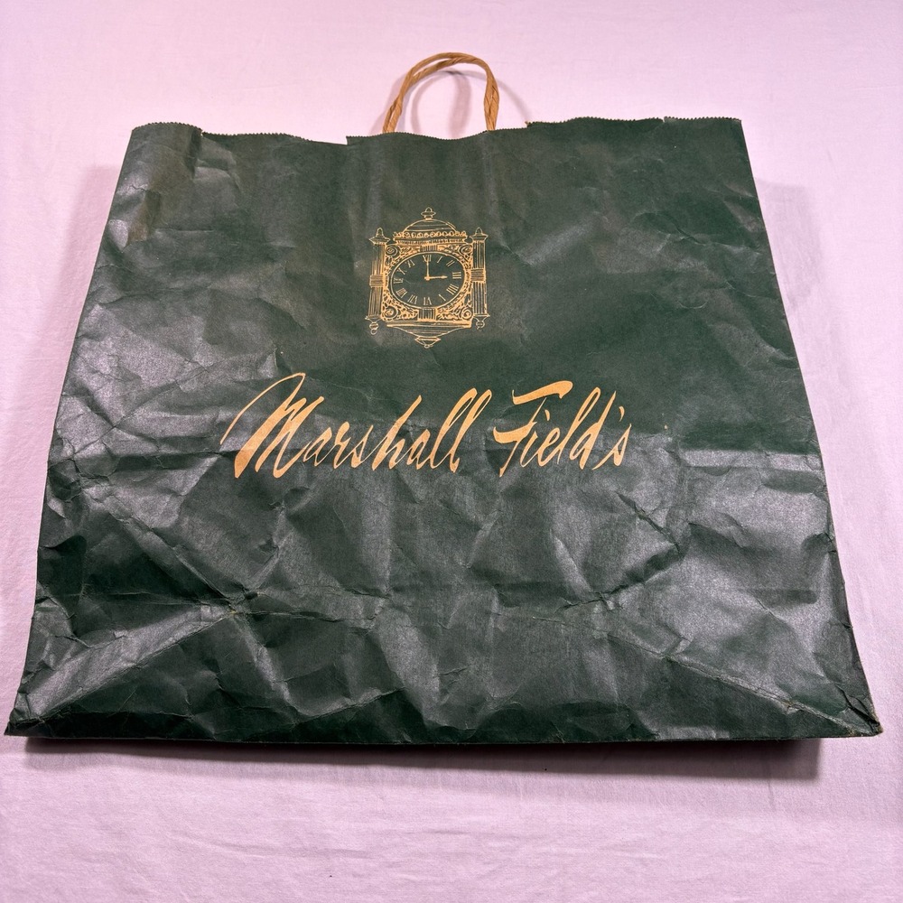 Marshall‎ Fields Vintage Green Paper Shopping Bag Clock Logo Shopper Tote